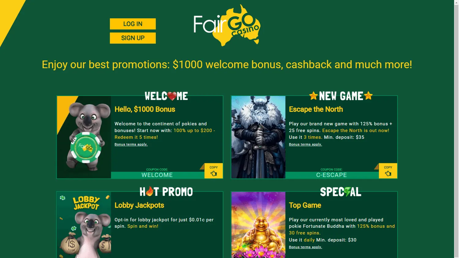Fair Go Casino promotions screen on desktop with bonuses and reward offers