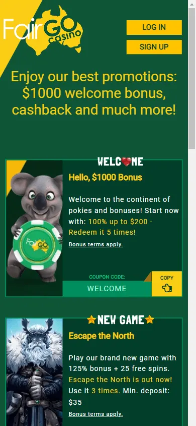 Fair Go Casino promotions screen on a mobile browser