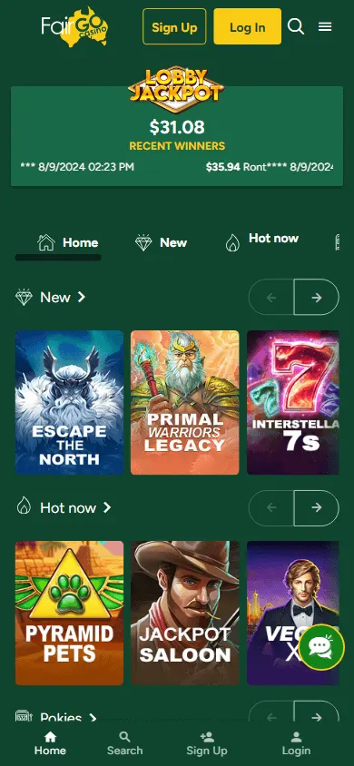 Fair Go Casino home screen on a mobile browser