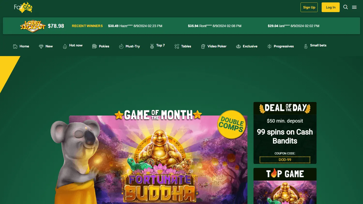 Fair Go Casino home screen on desktop with casino games and account features